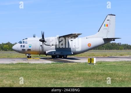 Alenia C-27J Spartan airplane of Romania - Air Force at Bucharest Airport. Military transport aircraft of Romanian Air Force know as Spartan C27. Stock Photo
