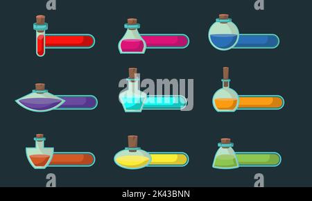 Set game icons of bottles with poison or elixir and status indicator. GUI bar element for game design and collection of magical liquids in glass bottl Stock Vector