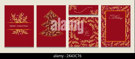 Winter holiday card vector background, Merry Christmas party frame set, party border floral ornament Christmas design Stock Vector