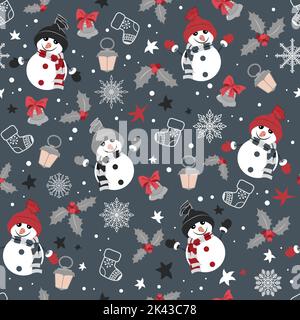 Cute Christmas pattern with snowmen, Christmas bells and snowflakes. Seamless pattern. Stock Vector