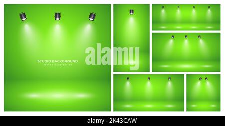 Empty green studio abstract backgrounds with spotlights. Product showcase backdrop with spotlight effect. Stage lighting. Vector illustration Stock Vector