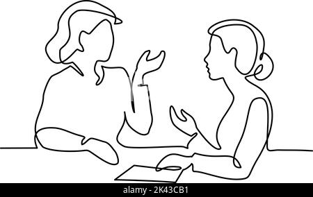 Business discussion of two women coworkers. Continuous one line drawing. Single lineart design minimalist vector illustration. Stock Vector