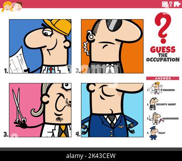 Cartoon illustration of educational task of guessing the occupation activity for children Stock Vector