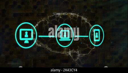 Image of connected digital communication media icons and rotating brain on black. global communication technology and digital data network concept, di Stock Photo
