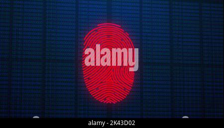 Image of scanning fingerprint, with rotating brain and research data processing on black. global research technology, digital data and security concep Stock Photo