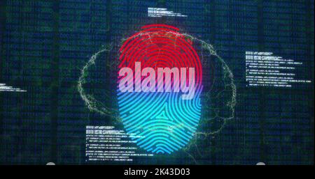 Image of scanning fingerprint, with rotating brain and research data processing on black. global research technology, digital data and security concep Stock Photo