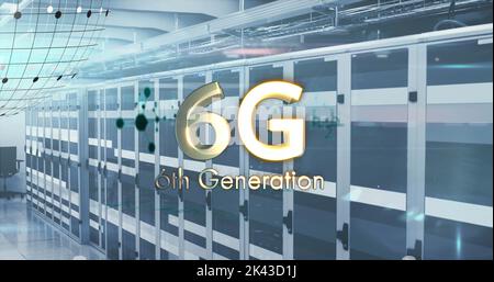 Image of 6g text and globe over server room Stock Photo
