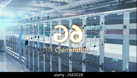 Image of 6g text and globe over server room Stock Photo