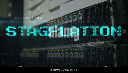Image of data processing and stagflation text over server room Stock Photo