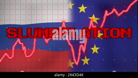 Image of data processing and slumpflation text over flags of russia and eu Stock Photo