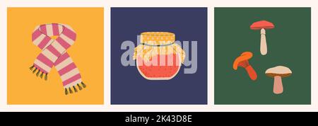 Knitted scarf, a jar of jam, mushrooms. Set of autumn design elements. Vector flat isolated illustrations. Stock Vector