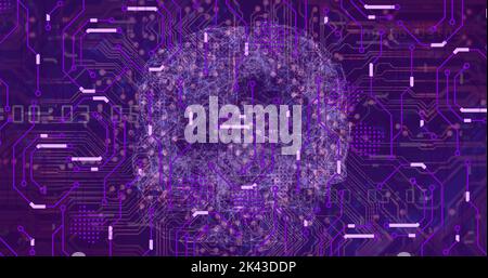 Image of network of connections and brain over blue background Stock Photo