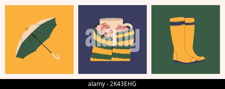 An open umbrella, rubber boots, hands holding a mug of hot drink. Set of autumn design elements. Vector flat isolated illustrations. Stock Vector