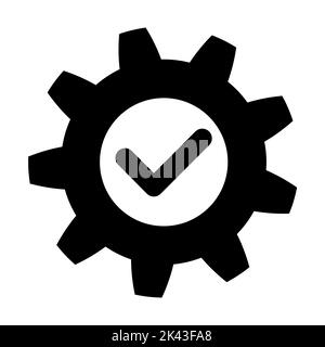 Gear with check icon in flat. Successful process symbol isolated on white. Success sign with cog. Update sign, technology, engine in black. Vector ill Stock Vector