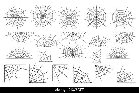 Spider web set. Scary spiderweb outline decoration isolated on white background. Hanging Halloween cobwebs. Tangled web for catching insect in spooky darkness. Cobweb collection line art spiders webs Stock Vector