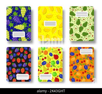 Fruits berries notebook cover set. fruit berry pattern template with copy space for annual notepad, brochure, copybook, diary. Healthy food flat fresh print for magazine covers, booklet journal cards Stock Vector