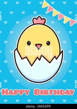 Greeting card Happy Birthday. chicken in shell. cute cartoon flat vector illustration. Stock Vector