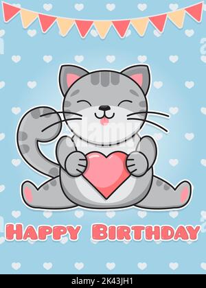 Greeting card Happy Birthday. Cute cat is holding a pink heart. cartoon flat vector illustration. Stock Vector