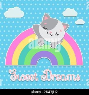 Postcard Sweet dreams. the cat sleeps on the rainbow. Pastel palette. cute simple flat vector..illustration.. Stock Vector