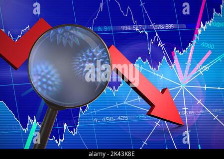 magnifying glass against blue virus cells. Testing for Coronavirus, global pandemic concept Stock Photo