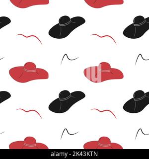 Seamless pattern from womens hat and abstract design elements on a transparent background in trendy black ang red. Suitable for logo, pattern, poster, banner, icon, placate, greeting, brochure Stock Vector