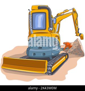 Yellow small crawler excavator and a worker in red overalls in a trench. Stock Vector