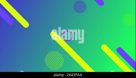 Image of glowing multiple multi coloured vibrant abstract shapes moving in hypnotic motion in seamless loop on gradient green background. Colour and m Stock Photo