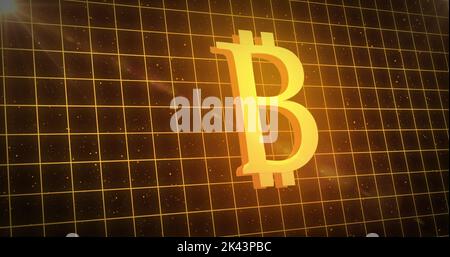 Image of glowing gold Bitcoin symbol over yellow grid glowing on black background. Online security concept digitally generated image. Stock Photo