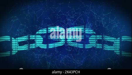 Image of two digital glowing chains with numbers, online security padlock data processing with network of connections in the background. Online securi Stock Photo