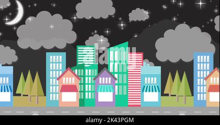 Image of illustration of colourful cityscape with multiple buildings and road moving over crescent moon, stars and clouds on night sky. Colour and mov Stock Photo