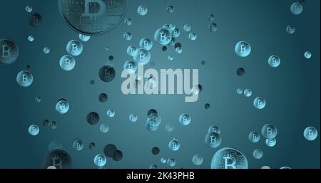 Image of multiple glowing blue Bitcoin symbols over blue gradient ...