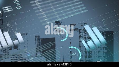 Image of data processing over cityscape Stock Photo