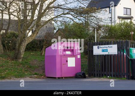 4/11/2020 The Banks carpark at Ballyholme in Bangor County Down containing glass and clothing recycling facilities. The containers have become dirty a Stock Photo