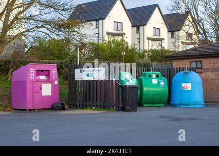 4/11/2020 The Banks carpark at Ballyholme in Bangor County Downcontaining glass and clothing recycling facilities. The bottle banks have become dirty Stock Photo
