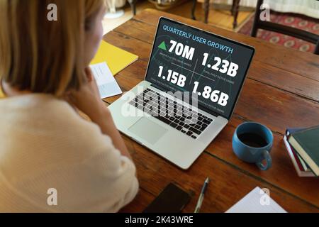 Composition of data processing on laptop over asian businesswoman in office. Global business and digital interface concept digitally generated image. Stock Photo