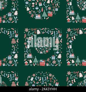 Winter Christmas seamless pattern. New Years decor, christmas symbols and objects on green background. Vector illustration. trend christmas ornament f Stock Vector