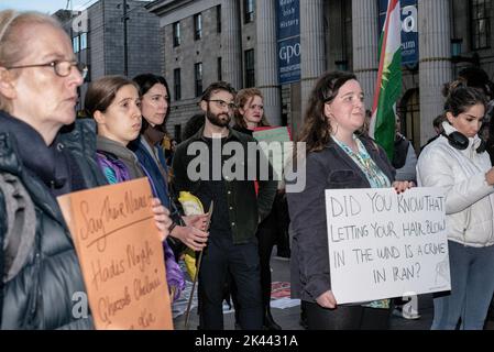 Dublin, Ireland. 28th Sep, 2022. Protesters hold placards expressing their opinion during the demonstration. The death of Mahsa Amini inspired protesters to gather in Dublin's city center to call for the freedom of Iranian women and to protest against the Iranian government. Around the world and in Iran, a significant number of people have been protesting, and since the demonstrations started, 41 people have been reported killed in Iran. Credit: SOPA Images Limited/Alamy Live News Stock Photo