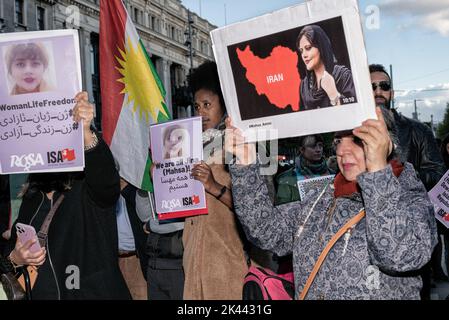 Dublin, Ireland. 28th Sep, 2022. Protesters hold placards expressing their opinion during the demonstration. The death of Mahsa Amini inspired protesters to gather in Dublin's city center to call for the freedom of Iranian women and to protest against the Iranian government. Around the world and in Iran, a significant number of people have been protesting, and since the demonstrations started, 41 people have been reported killed in Iran. Credit: SOPA Images Limited/Alamy Live News Stock Photo