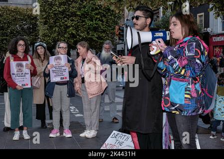 Dublin, Ireland. 28th Sep, 2022. Protesters hold placards expressing their opinion during the demonstration. The death of Mahsa Amini inspired protesters to gather in Dublin's city center to call for the freedom of Iranian women and to protest against the Iranian government. Around the world and in Iran, a significant number of people have been protesting, and since the demonstrations started, 41 people have been reported killed in Iran. Credit: SOPA Images Limited/Alamy Live News Stock Photo