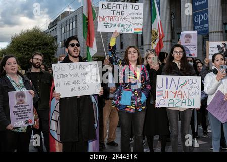 Dublin, Ireland. 28th Sep, 2022. Protesters hold placards expressing their opinion during the demonstration. The death of Mahsa Amini inspired protesters to gather in Dublin's city center to call for the freedom of Iranian women and to protest against the Iranian government. Around the world and in Iran, a significant number of people have been protesting, and since the demonstrations started, 41 people have been reported killed in Iran. Credit: SOPA Images Limited/Alamy Live News Stock Photo