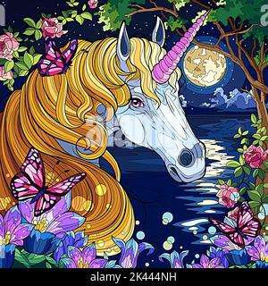 portrait picture of a unicorn, three butterflies and flowers at night with a sea view, full moon and stars in the background Stock Photo
