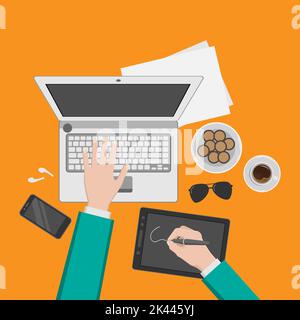 work at home with a relaxed working space concept top view vector designs Stock Vector