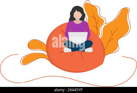 design illustration of a freelance woman working from home with her laptop on a white background Stock Vector