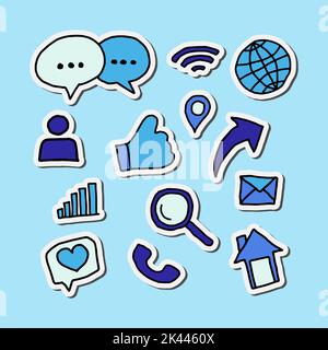 cute stickers on social media icons in blue set design vector Stock Vector