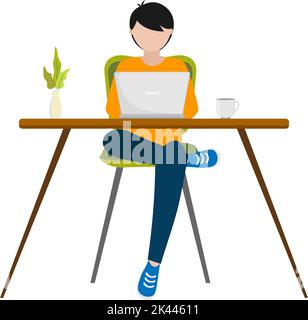 flat design of a man working with his laptop and enjoying time with his coffee at home and in a cafe on a white background Stock Vector