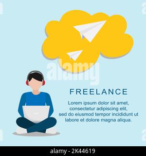 a freelance man with his laptop who works remotely vector designs for banners and templates Stock Vector