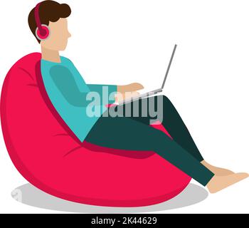 design illustration of a man sitting in a bean bag chair with his laptop to work at home Stock Vector