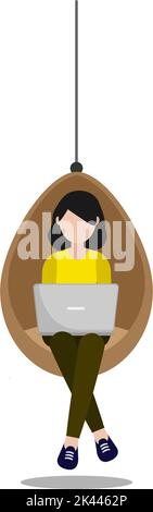 design illustration of a freelance woman working on a chair hanging with her laptop the concept of working remotely isolated from a white background Stock Vector