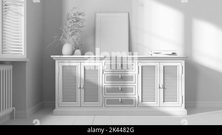 Total white project draft, classic living room. Rattan chest of drawer with decor. Frame mock up. Window with shutters and radiator. Retro interior de Stock Photo