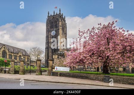 Halifax Minster, formerly St Peter's Parish Church, in Halifax, West Yorkshire in Spring. Stock Photo